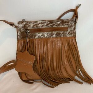 Western Leather Cowhide Saddle Brown Tan Fringe Crossbody Bag Purse Beautiful